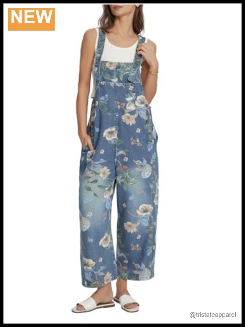 Kedera Women's Floral Print Denim Bib Overalls Loose Wide Leg Jumpsuit